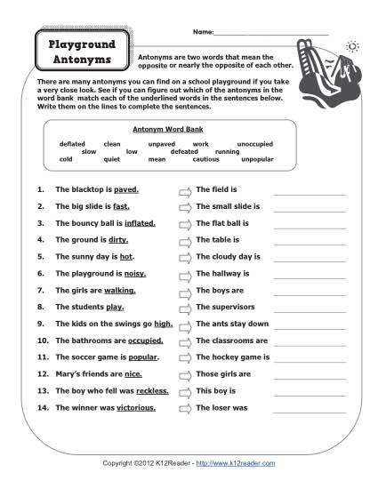 Fifth Grade Antonyms Worksheet For Grade 5