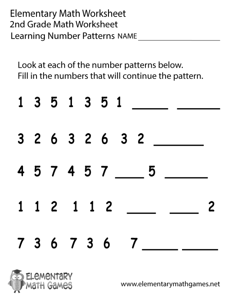 Printable Second Grade Pattern Worksheets For Grade 2