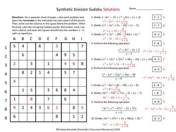 Synthetic Division Sudoku Worksheet Answers