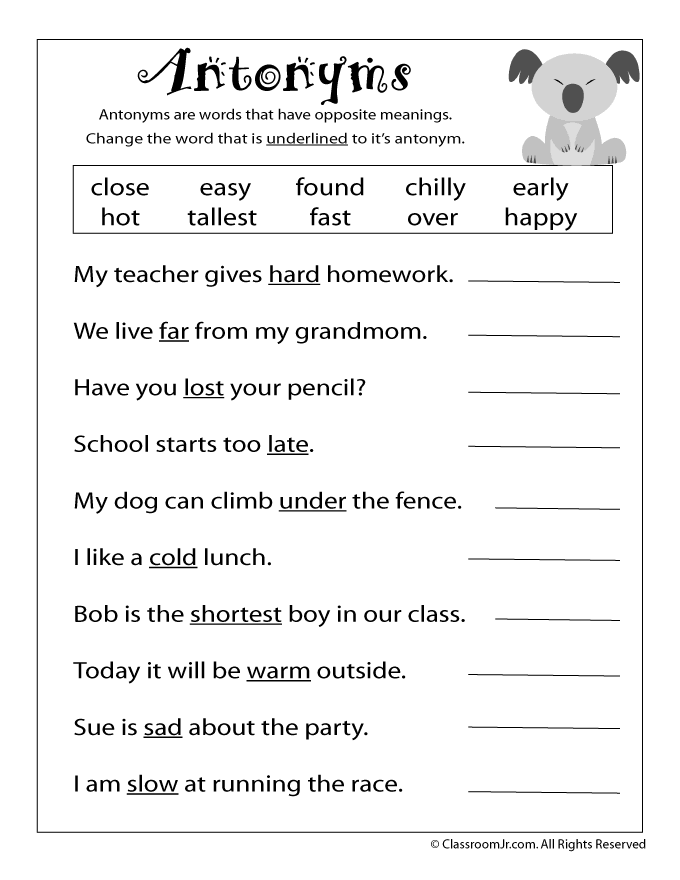 English Worksheets For Grade 2 Antonyms