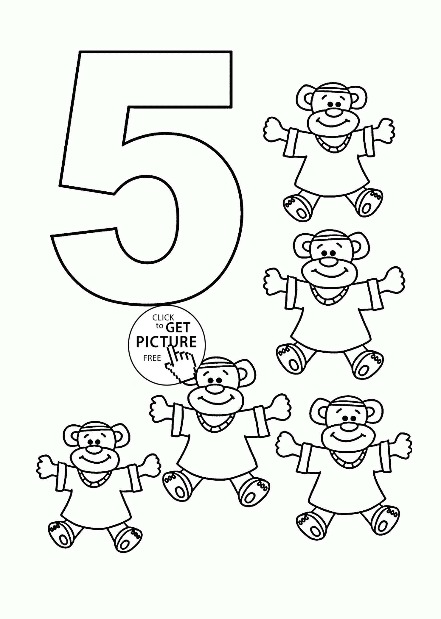 Number 5 coloring pages for kids, counting sheets printables free