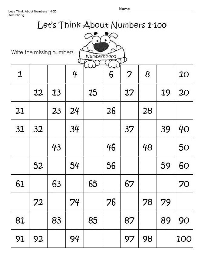 Missing Numbers 1-100 Worksheets For Kindergarten
