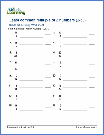 6th Grade Finding The Least Common Multiple Worksheet