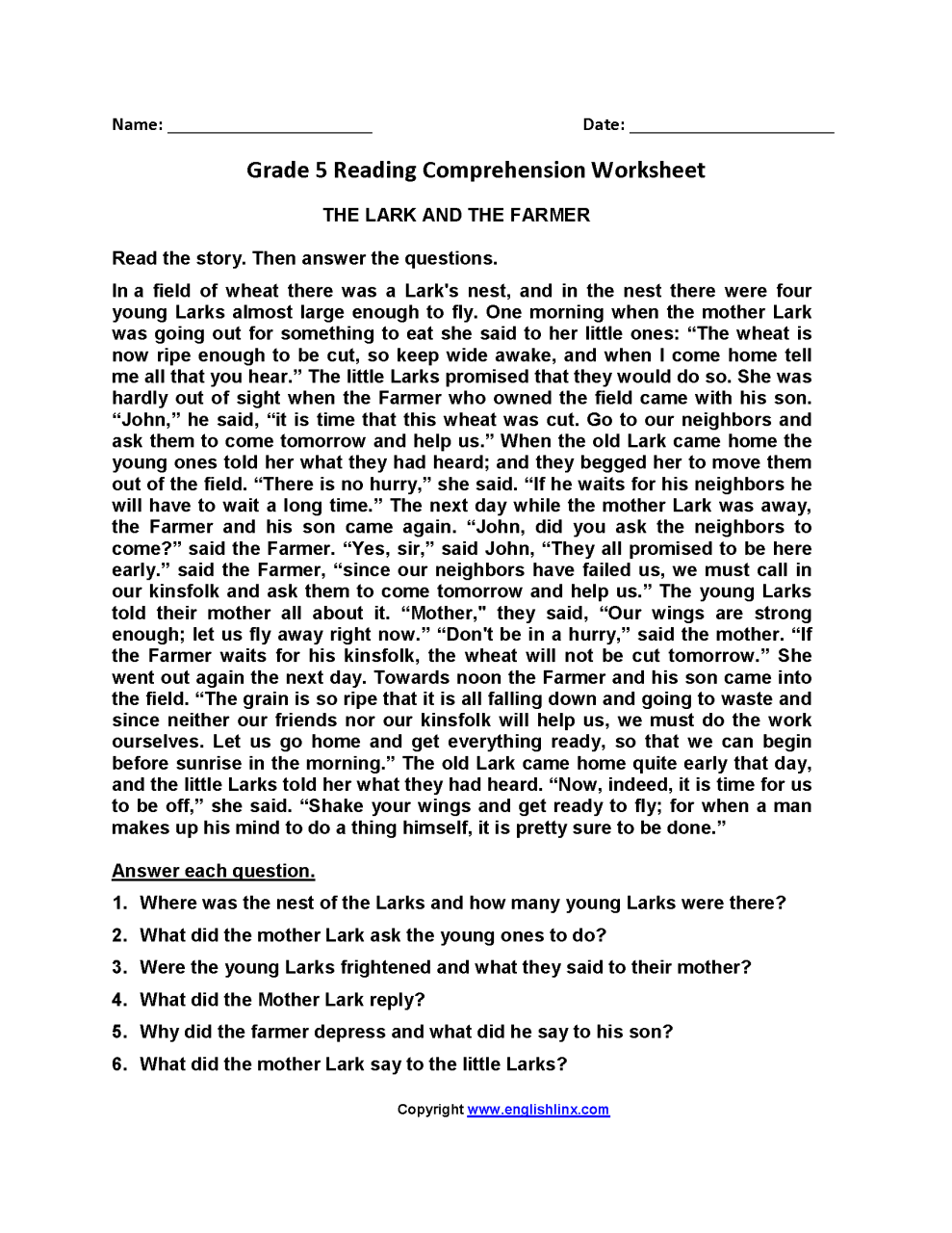 5th Grade English Comprehension For Class 5 In English Thekidsworksheet