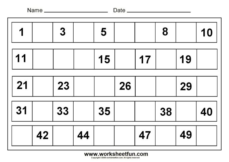 Write The Missing Numbers 1-50 Worksheet