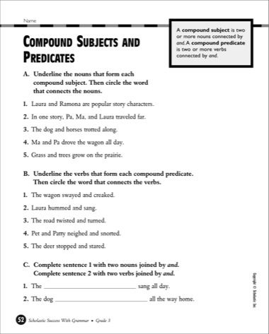 3rd Grade Subject And Predicate Worksheet With Answers