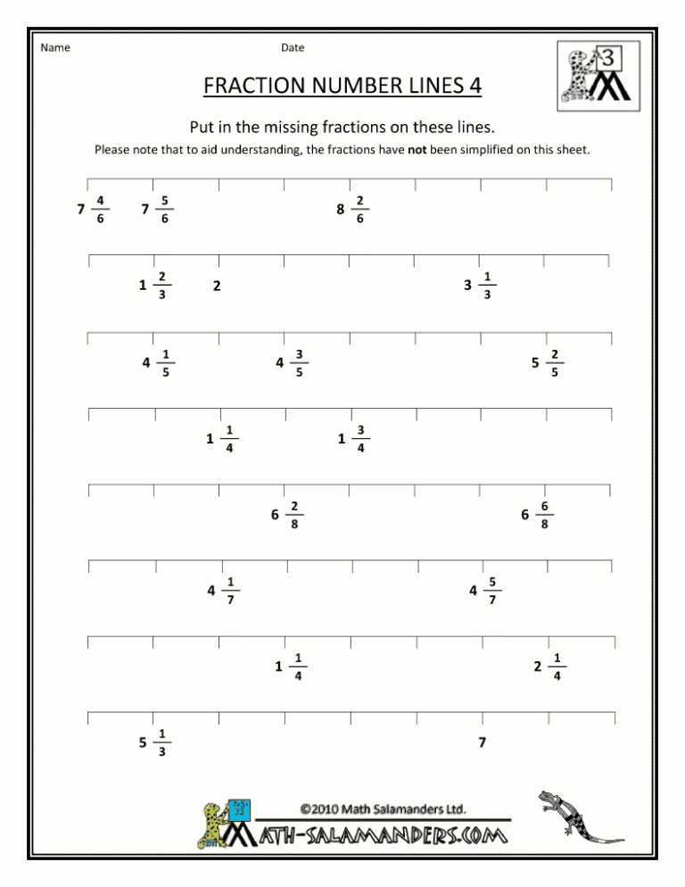 Fraction Number Line Worksheets 4th Grade