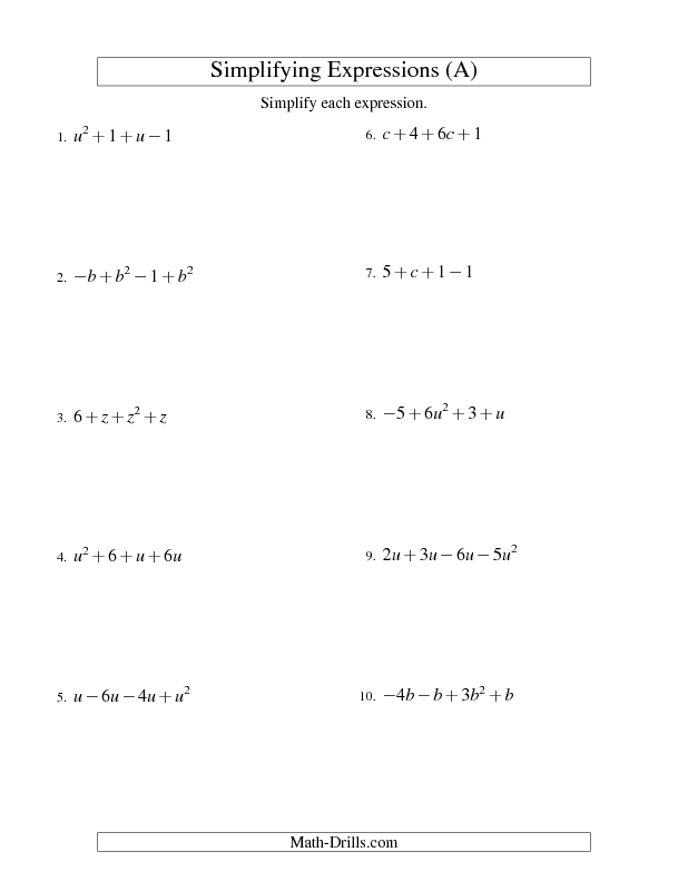 Simplifying Algebraic Expressions Worksheet Answer Key Pdf