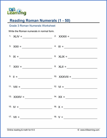Roman Numerals Worksheet For Grade 3 With Answers