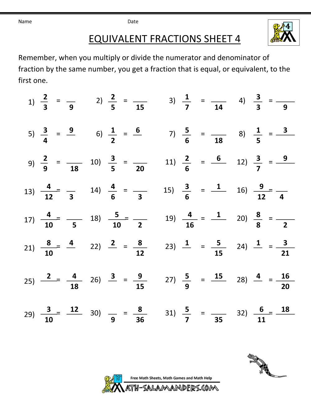 4th Grade Equivalent Fractions Worksheets With Answers