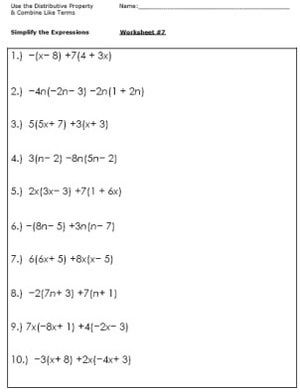 7th Grade Simplifying Algebraic Expressions Worksheets Pdf