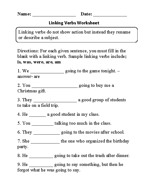 2nd Grade Linking Verbs Worksheet