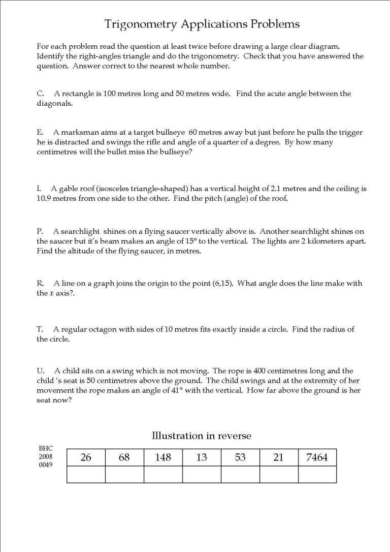 Trigonometry Word Problems Worksheets With Answers