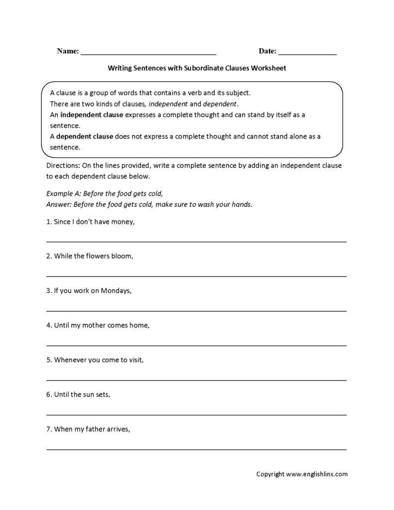 Types Of Subordinate Clauses Worksheet