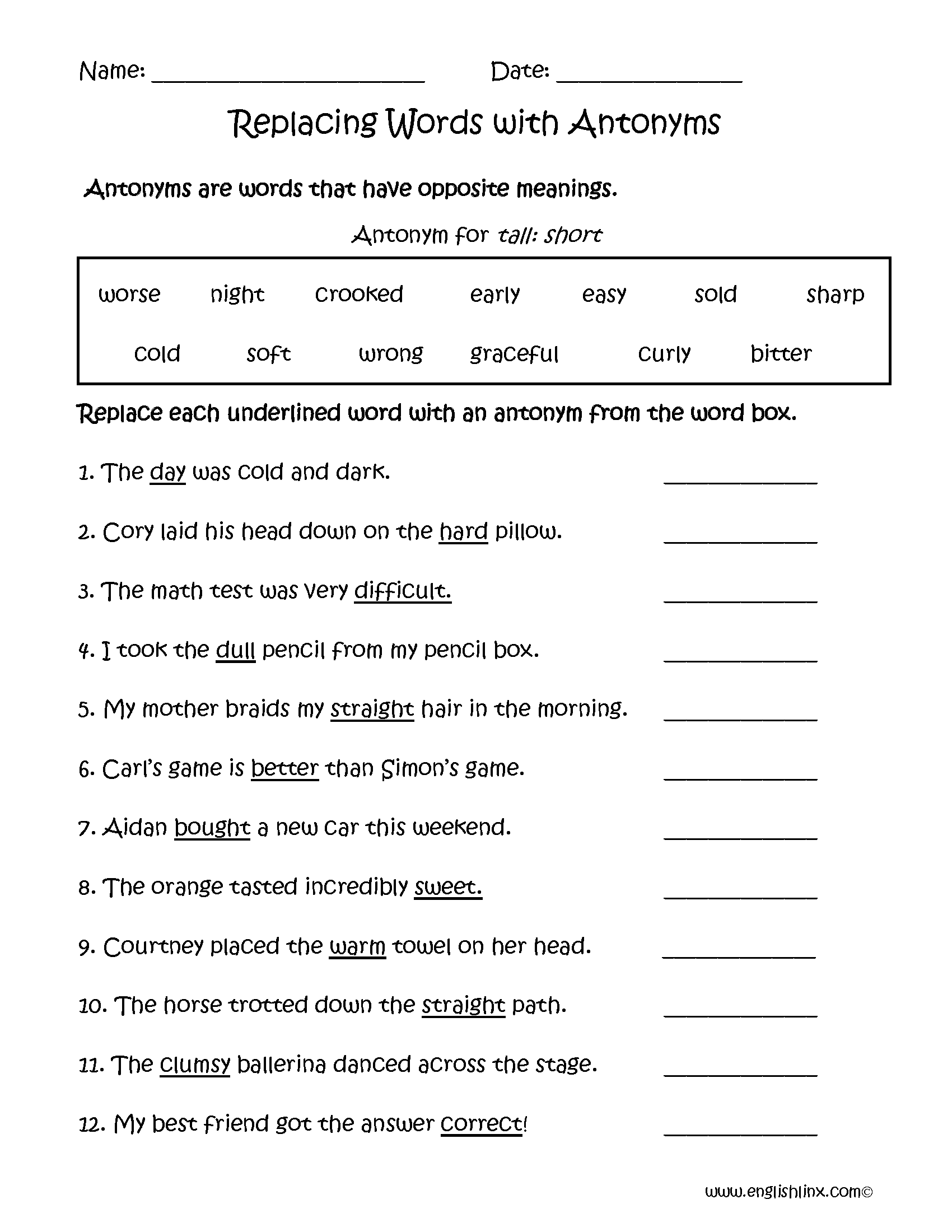 Synonyms And Antonyms Worksheet For Grade 5