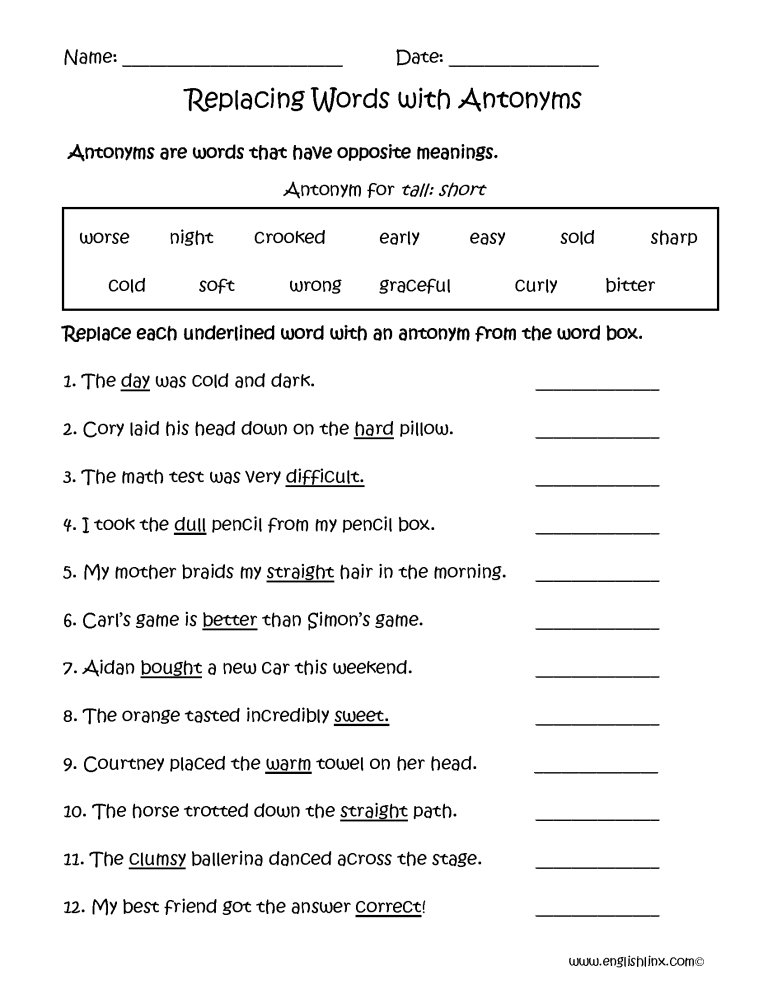 Grade 6 Antonyms Worksheet For Grade 5