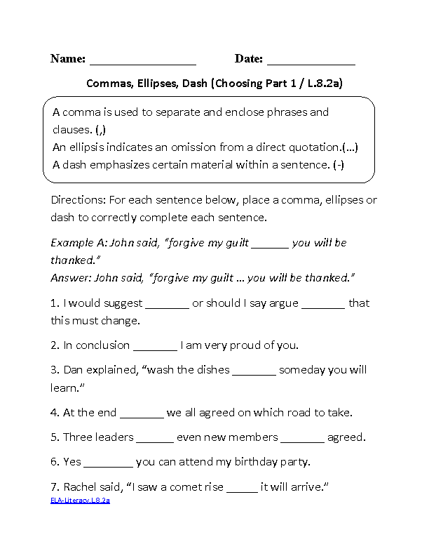 Printable Language Arts Worksheets 8th Grade