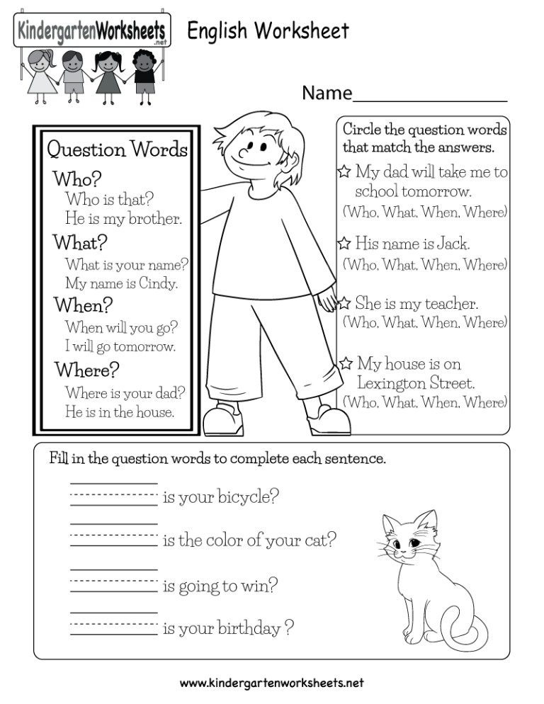 English Worksheet For Kindergarten With Answers