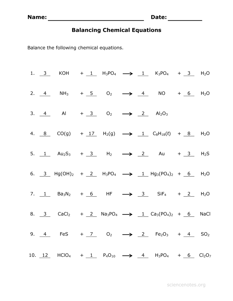 Balancing Chemical Equations Practice Problems Worksheet With Answers Class 10