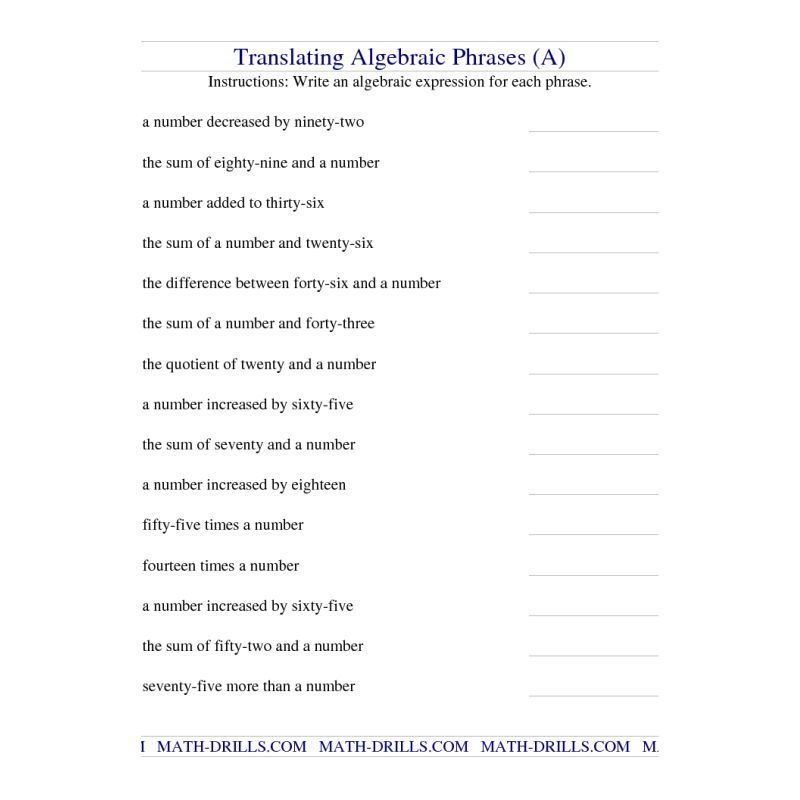 Translating Algebraic Expressions Worksheets Pdf