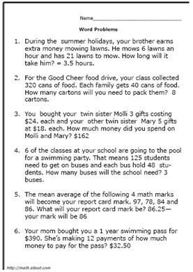 5th Grade Math Word Problems Worksheets With Answers
