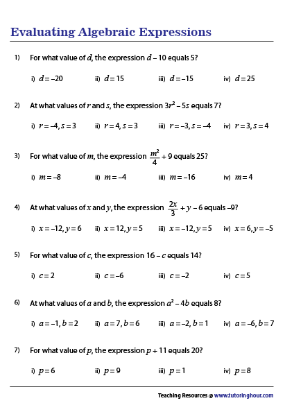 Evaluating Algebraic Expressions Worksheets 8th Grade