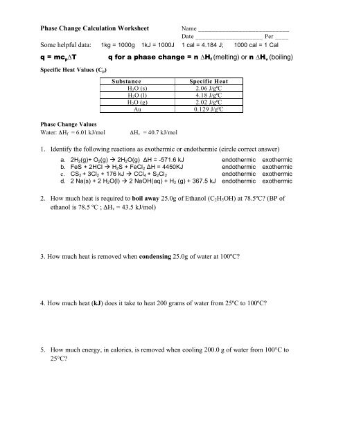 Phase Change Calculations Worksheet Answer Key