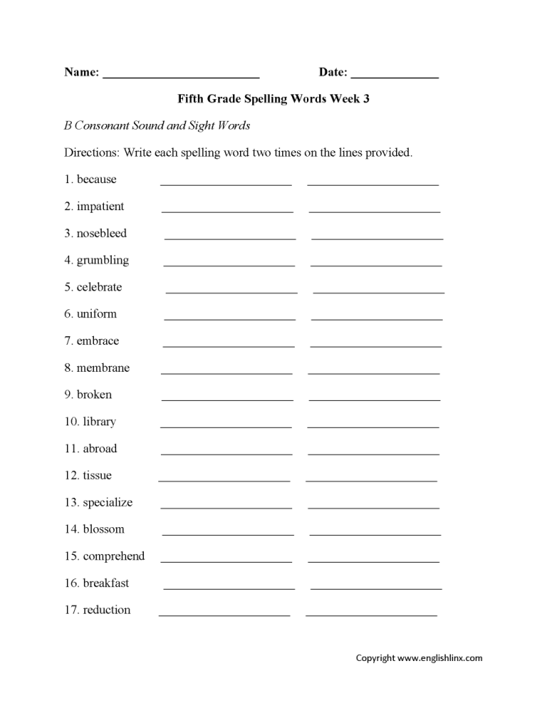 Grade 3 Vocabulary Worksheets Grade 3 3rd Grade Spelling Words
