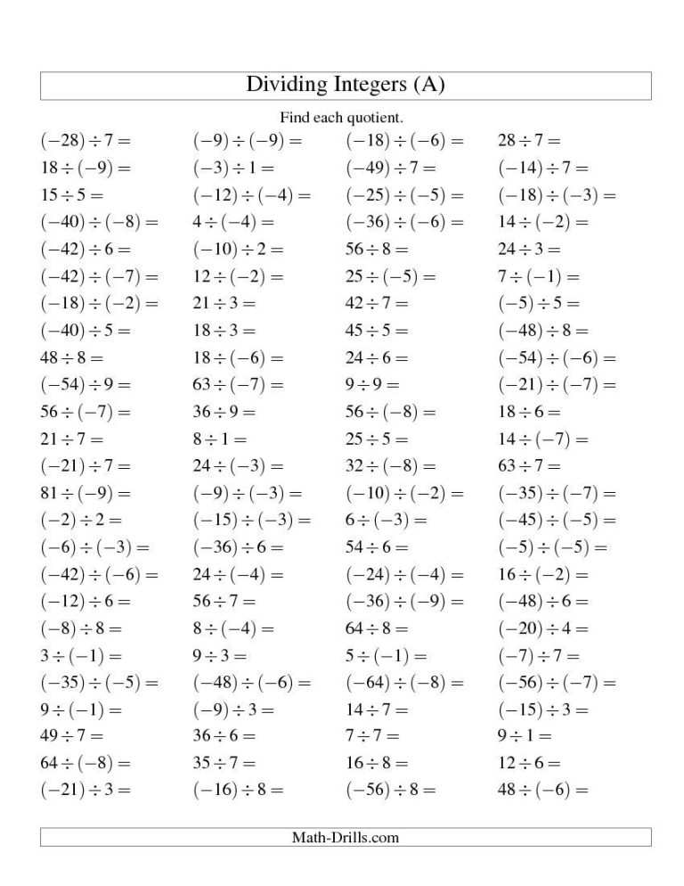 6th Grade Multiplying And Dividing Integers Worksheet