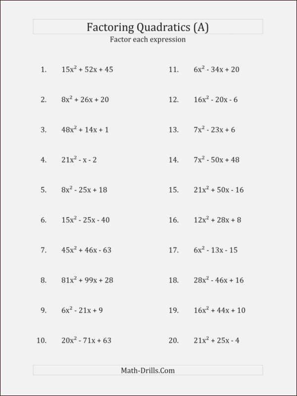 Factoring Practice Worksheet Algebra 1