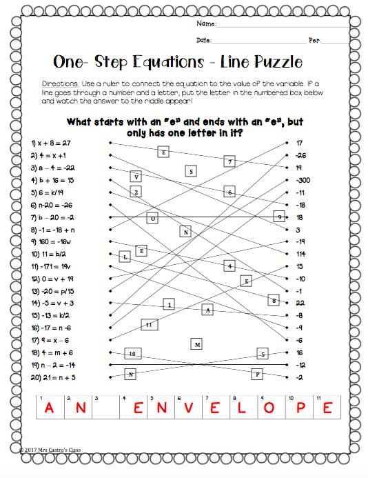 6th Grade Solving One Step Equations Worksheet Puzzle