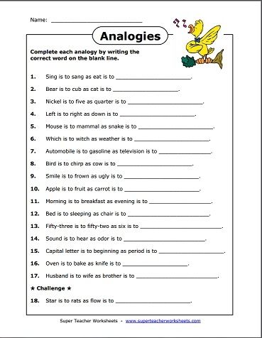 6th Grade Analogy Worksheets With Answers