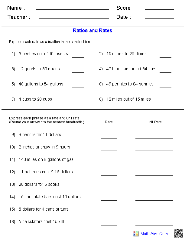 6th Grade Ratio Worksheets With Answers