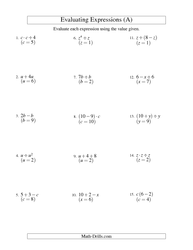 Algebraic Equations Worksheet Grade 6