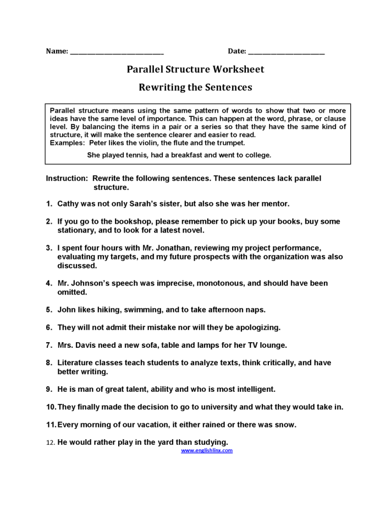 Answer Key Parallel Structure Worksheet Answers