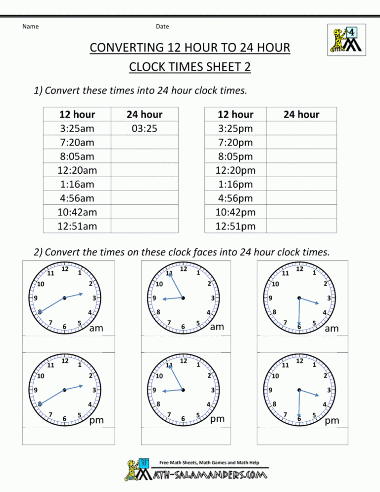 Free Printable Learning Printable 24 Hour Clock Worksheets