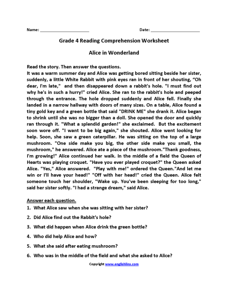 4th Grade Year 4 English Worksheets Comprehensions