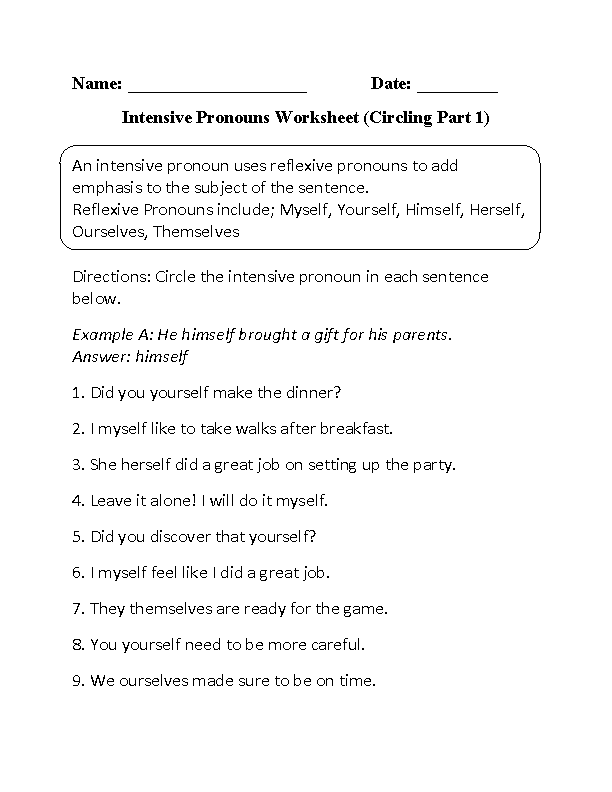6th Grade Reflexive And Intensive Pronouns Worksheets