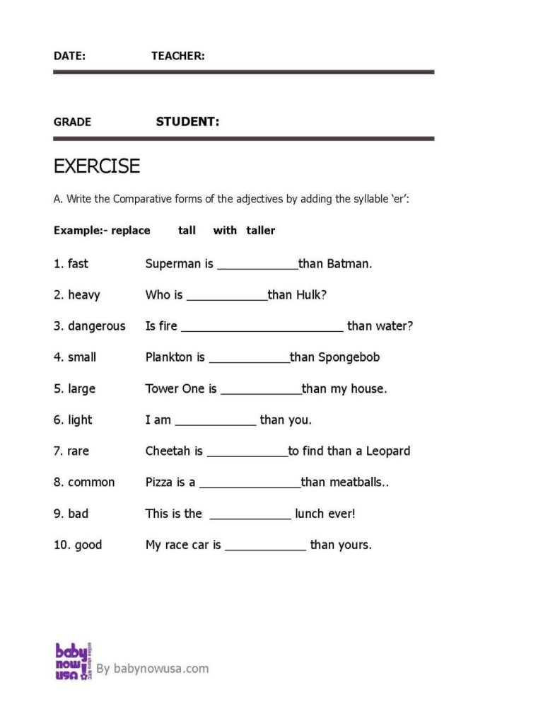 Grade 4 Comparative Adjectives Worksheet