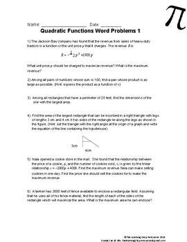Quadratic Max Min Word Problems Worksheet Pdf