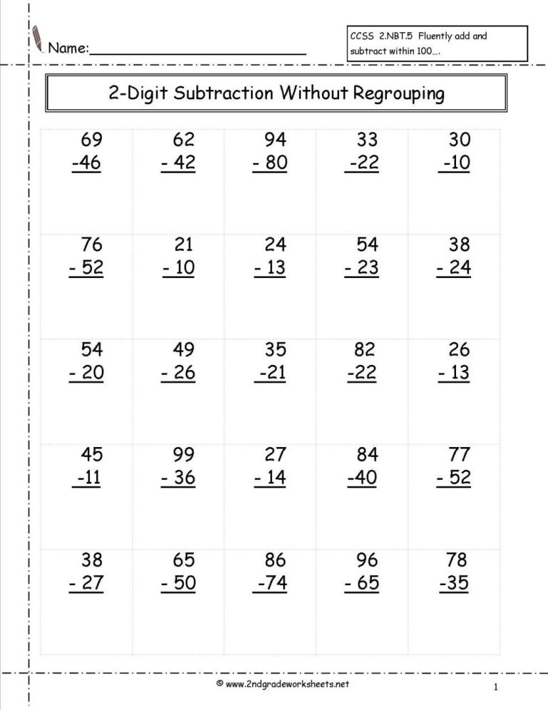 2 Digit Subtraction Without Regrouping Pdf