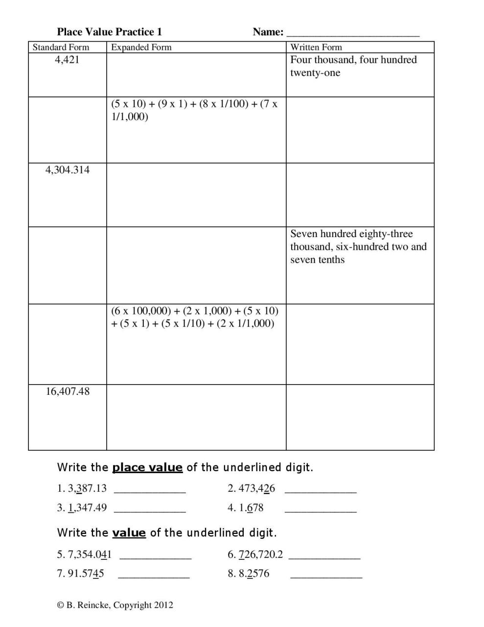 4th Grade Place Value Standard Form Worksheets