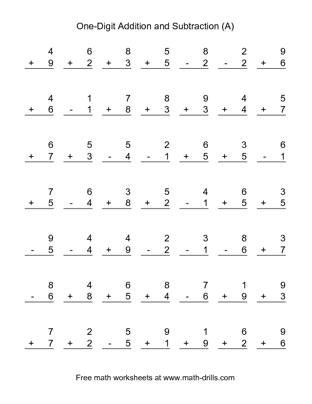 Math Single Digit Addition And Subtraction Worksheets