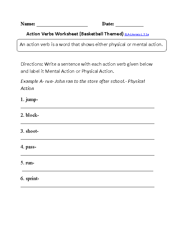 Action Verbs Worksheet 3rd Grade Pdf