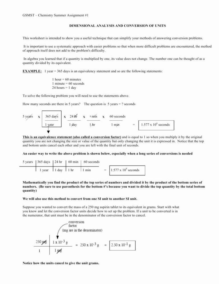 Chemistry Worksheet Dimensional Analysis Answers