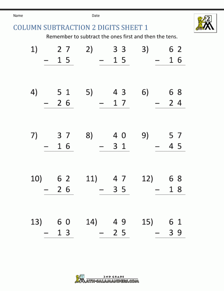2 Digit Subtraction Worksheets For Grade 1