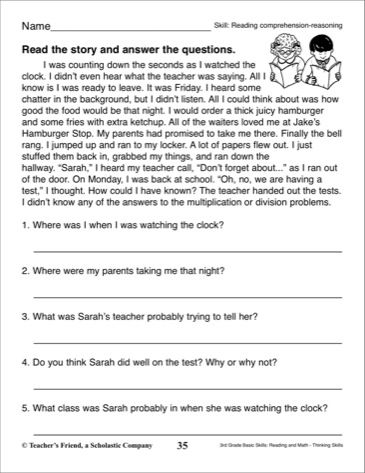 Third Grade 3rd Grade Comprehension Worksheets For Grade 3