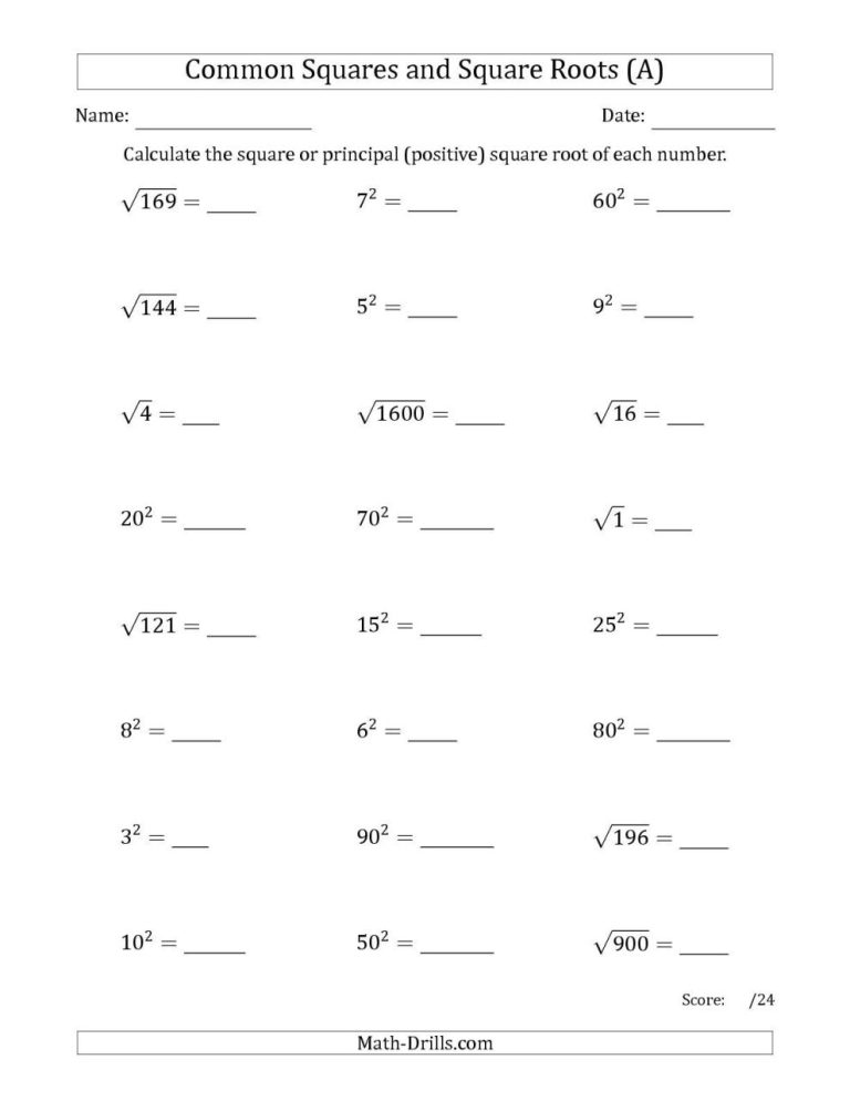 Pdf Square Root Worksheets 8th Grade