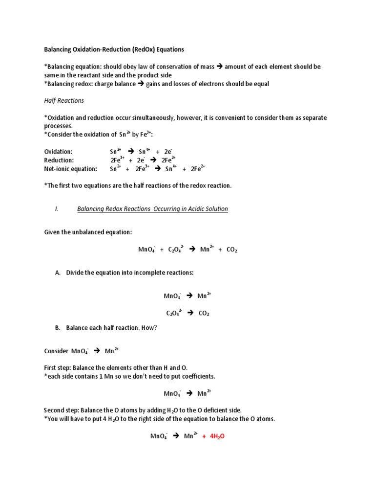 Balancing Redox Reactions Worksheet With Solutions
