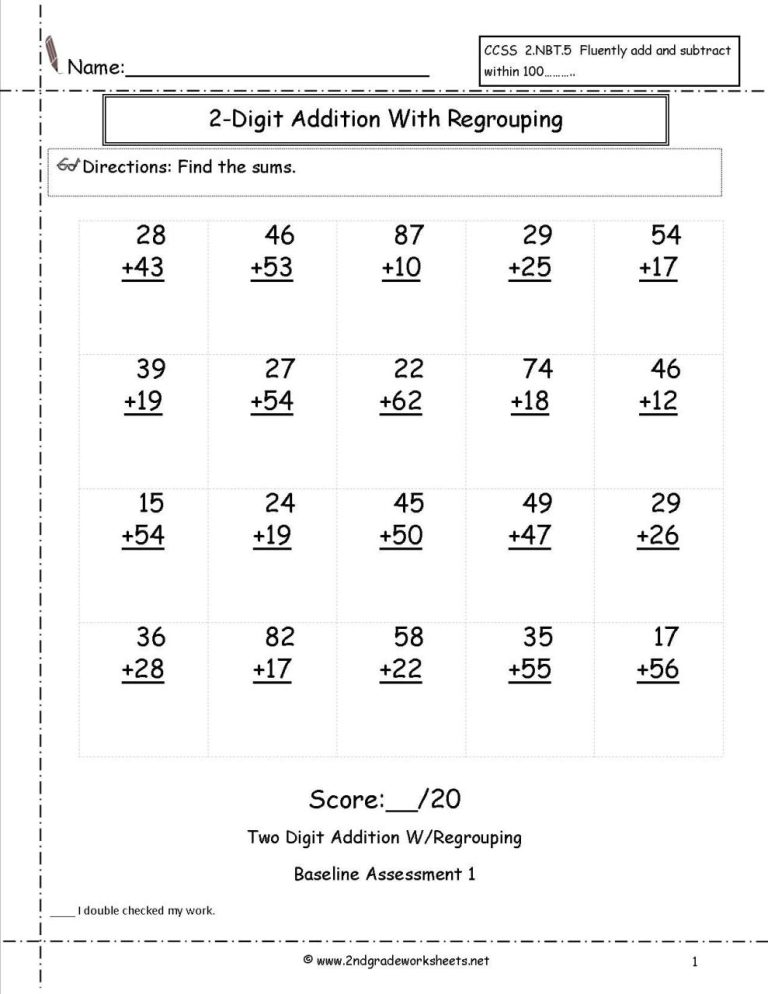 Math Double Digit Addition With Regrouping Worksheets